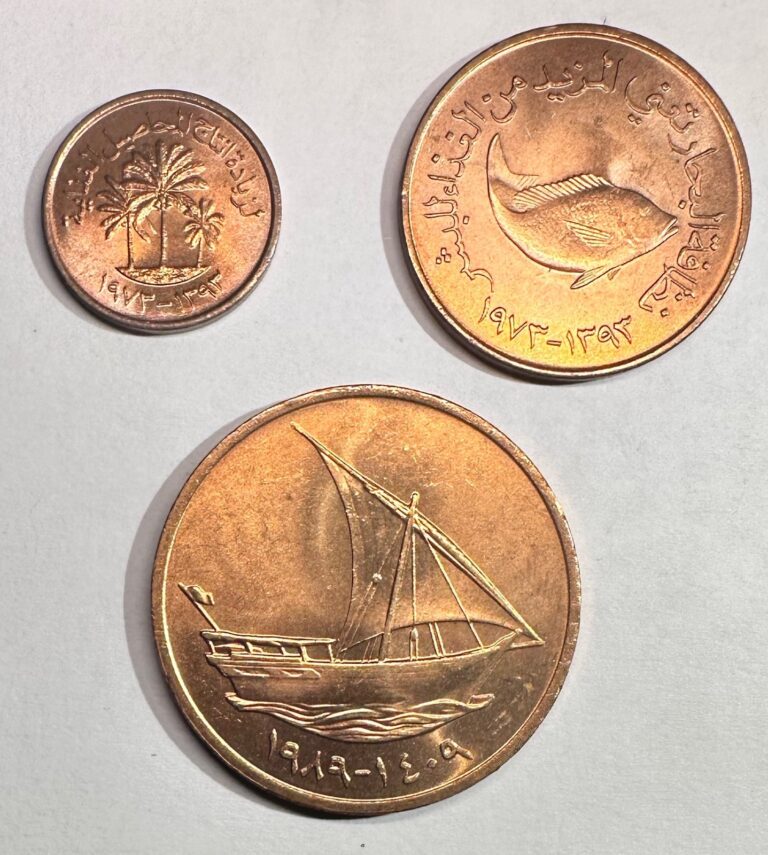 Read more about the article 1973-1979 United Arab Emirates UAE Set of 3 Coins 1  5  10 Fils UNC/BU Lot#U2