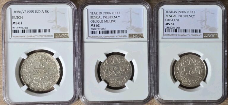 Read more about the article LOT OF 3 INDIA BENGAL SILVER RUPEE and KUTCH 5 KORI NGC MS62