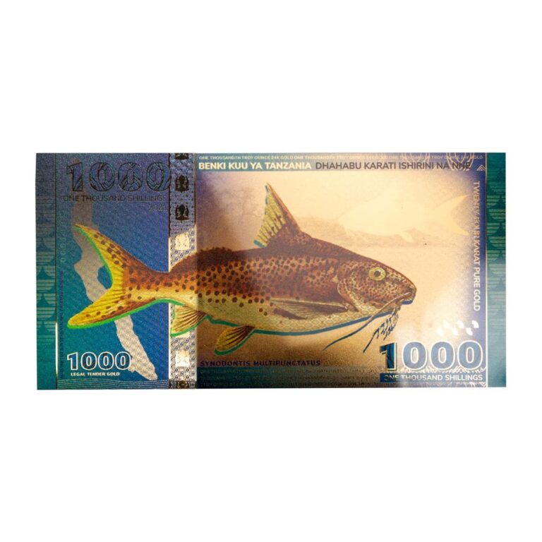 Read more about the article Tanzania 2021 1 000 Shilling 1/1000-oz Cuckoo Catfish Gold Foil Note UNC