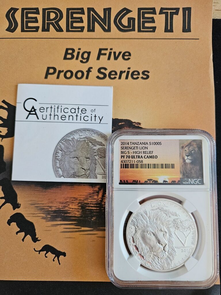 Read more about the article 2014 1000S TANZANIA SERENGETI LION – BIG 5 – HIGH RELIEF – NGC PF 70 ULTRA CAMEO