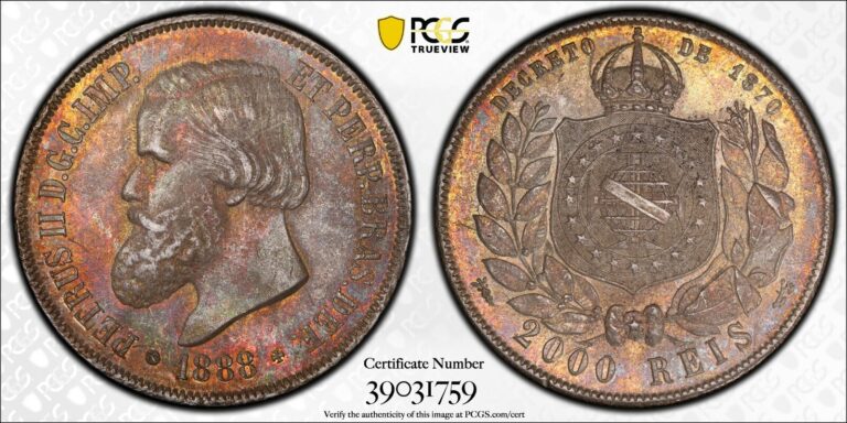 Read more about the article 1888 Brazil 2000 Reis PCGS MS63  Original  Great Toning                     1058