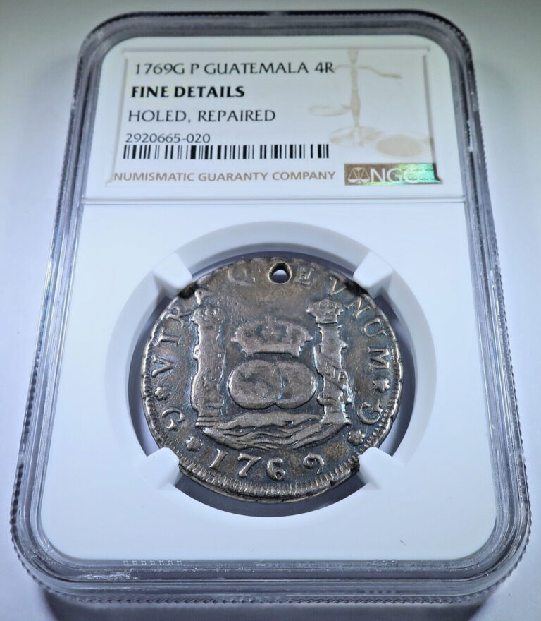 Read more about the article NGC 1769 Guatemala Silver 4 Reales Spanish Colonial 1700’s Genuine Holed 4R Coin
