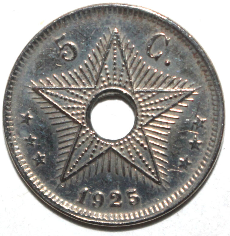Read more about the article Belgian Congo 5 Centimes Coin 1925 KM# 17 Belgium Africa Star Five