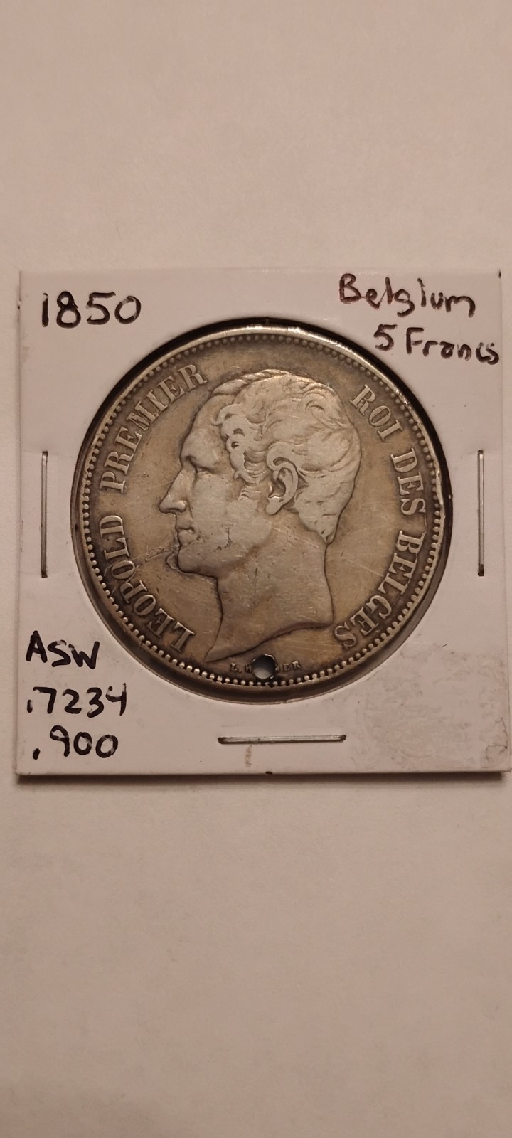 Read more about the article 1850 Belgium 5 Francs  Asw .7234 /.900
