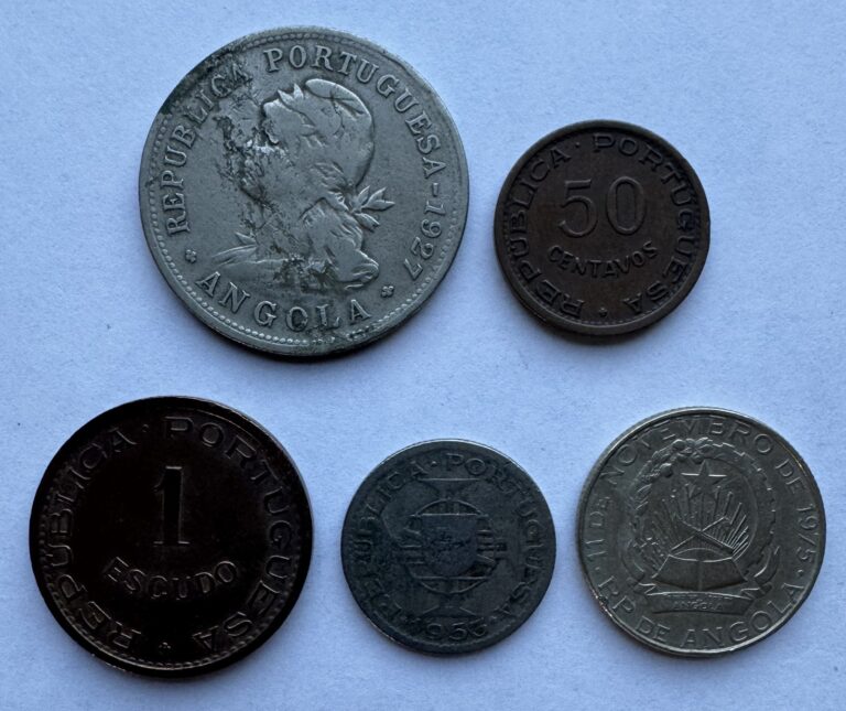 Read more about the article 5PCS ANGOLA PORTUGUESE COLONY AND PEOPLES REPUBLIC COINS CENTAVOS ESCUDO KWANZAS