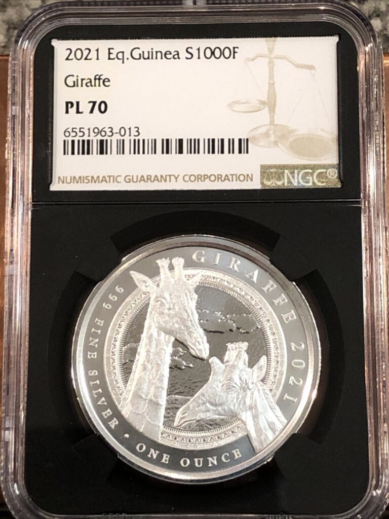 Read more about the article 2021 Equatorial Guinea S1000F Giraffe NGC PL-70 Proof Like 70 1 Oz .999 Silver