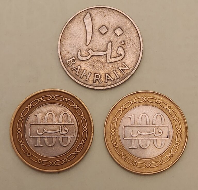 Read more about the article 3x Bahrain coins  3x 100 Fils  1965  1992  1997