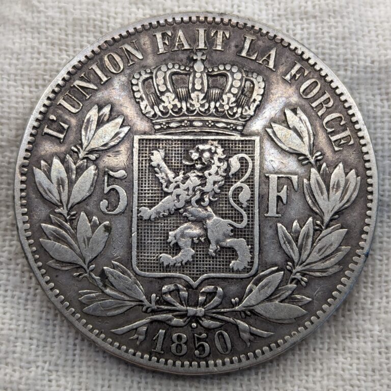 Read more about the article 1850 Belgium 5 Francs Silver Coin : Low Mintage 5.2M – .9 Fine Silver Dollar