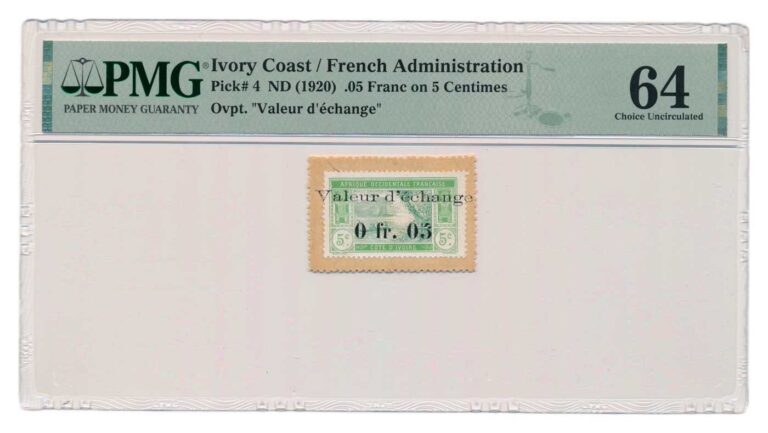 Read more about the article IVORY COAST banknote 0.05 Franc on 5 Centimes 1920 PMG MS 64 Choice Uncirculated