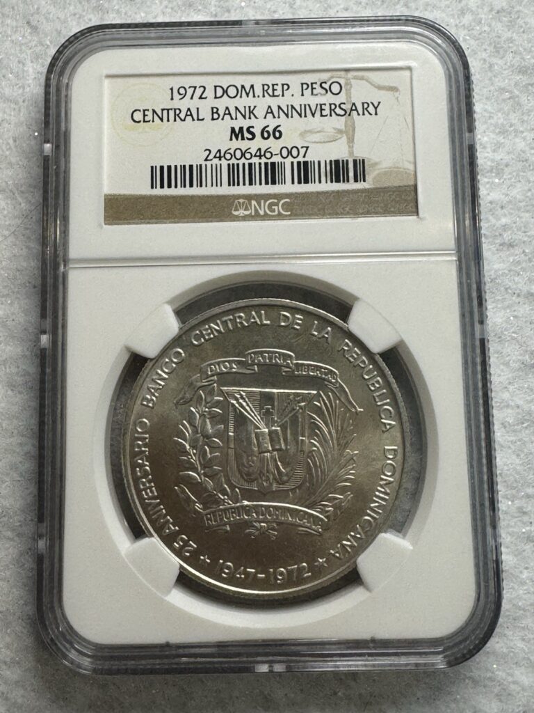Read more about the article 1972 DOMINICAN REPUBLIC SILVER 1 PESO CENTRAL BANK ANNIVERSARY NGC MS 66