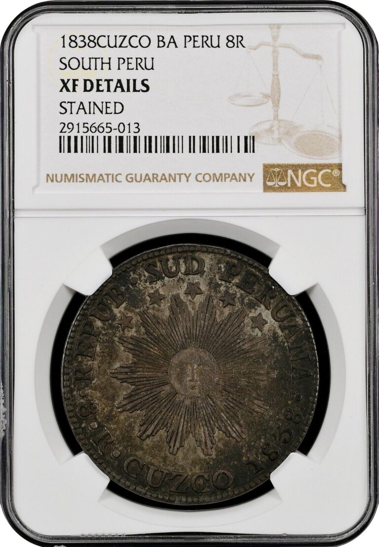 Read more about the article 1838 B.A. PERU 8 REALES CUZCO SOUTH PERU NGC XF DETAILS STAINED