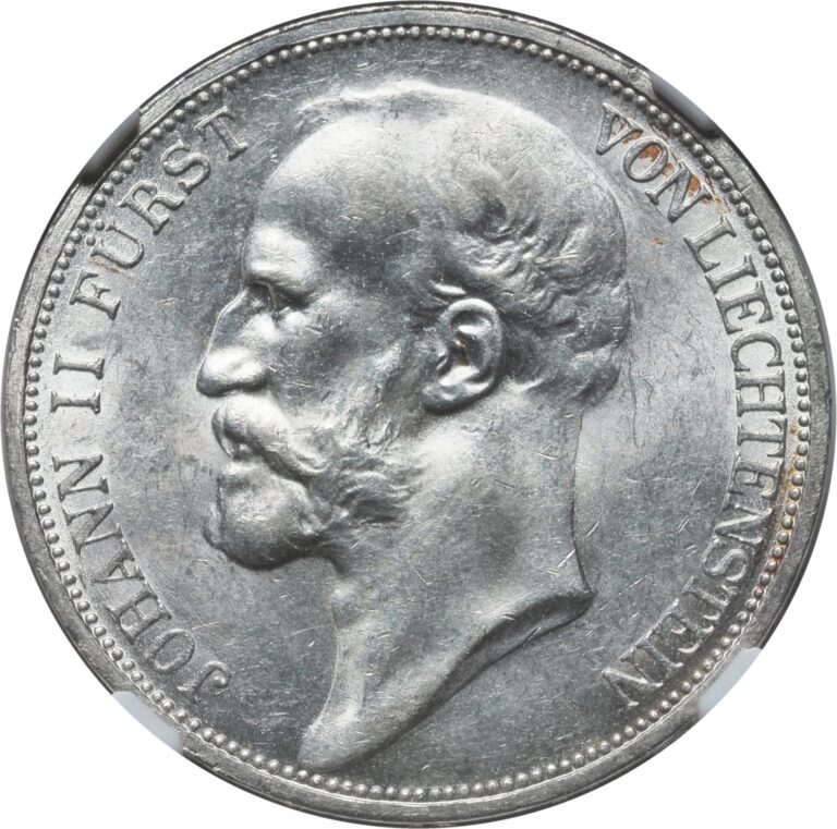 Read more about the article 1915  Liechtenstein (Principality)  Johann II. Silver 2 Kronen Coin. NGC MS-63!