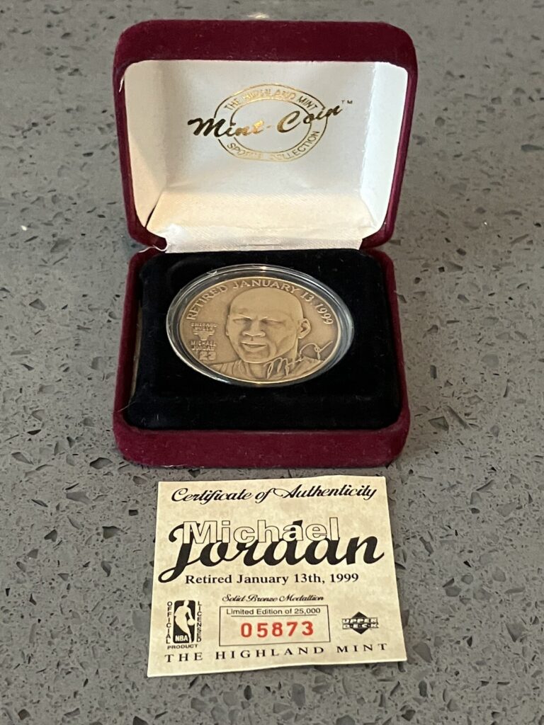 Read more about the article Michael Jordan Bronze Coin 1999 Upper Deck Highland Mint Retired 1/13/99 #5873