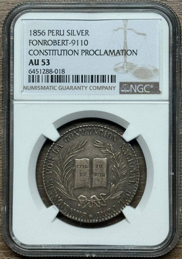 Read more about the article 1856 PERU Silver FONROBERT-9110 medal CONSTITUTION PROCLAMATION AU53 NGC