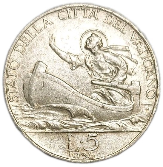 Read more about the article 1936 VATICAN CITY 5 LIRE OLD SILVER COIN POPE PIUS XI ST. PETER VIOLENT WATERS 7