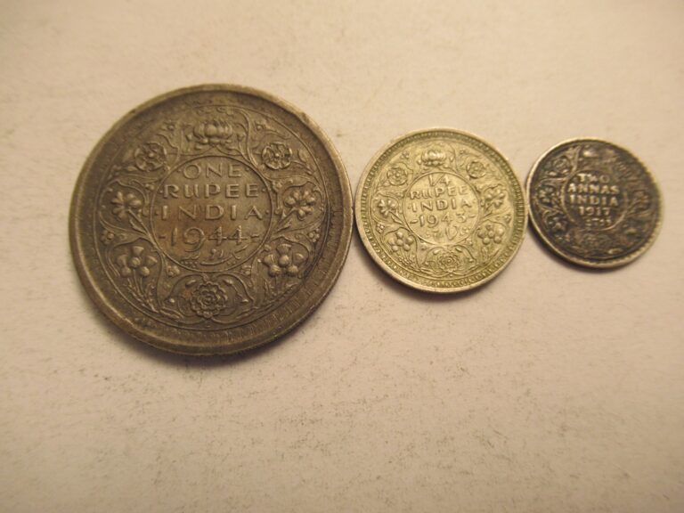 Read more about the article THREE India Silver Coins  1917 Two Annas and 1943 1/4 Rupee  1944 Rupee