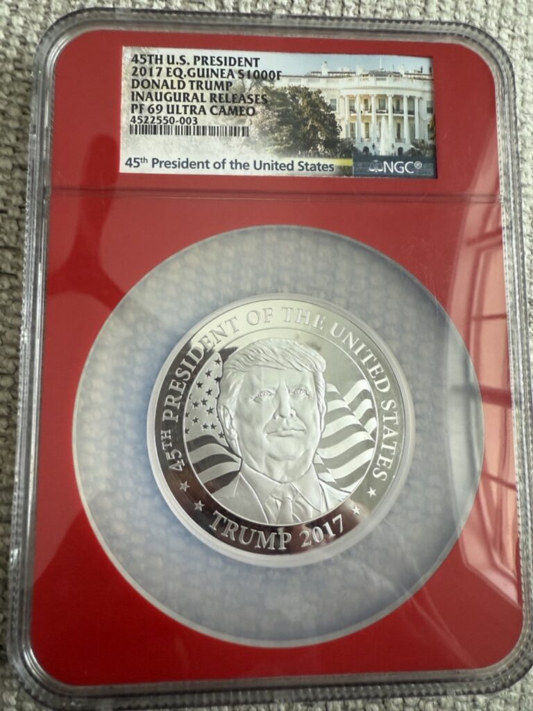 Read more about the article 2017 Eq. Guinea S1000F Donald Trump 1 oz .999 Silver NGC PF-69UC Red Core