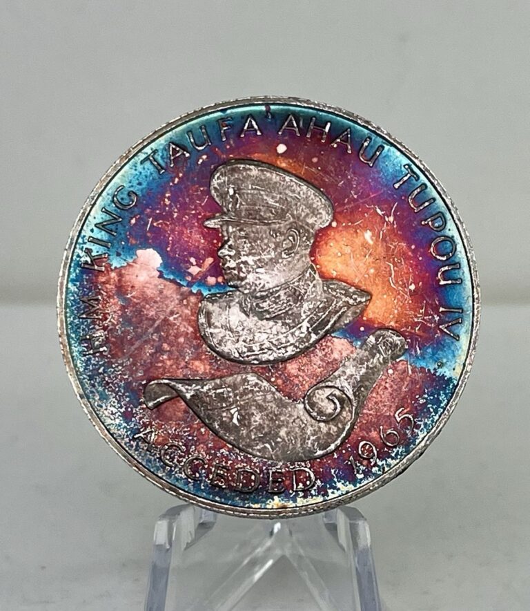 Read more about the article 1975 Tonga 5 Pa’anga 1oz Silver Proof Centenary Coin Rainbow Toned Rare