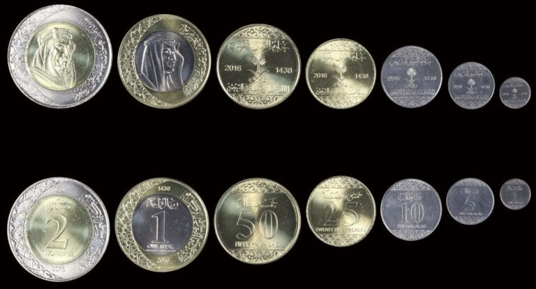 Read more about the article Saudi Arabia UNC  COIN 7 Pcs Set  1 5 10 25 50 Halalas 1 2 Riyals 2016  BIMETAL