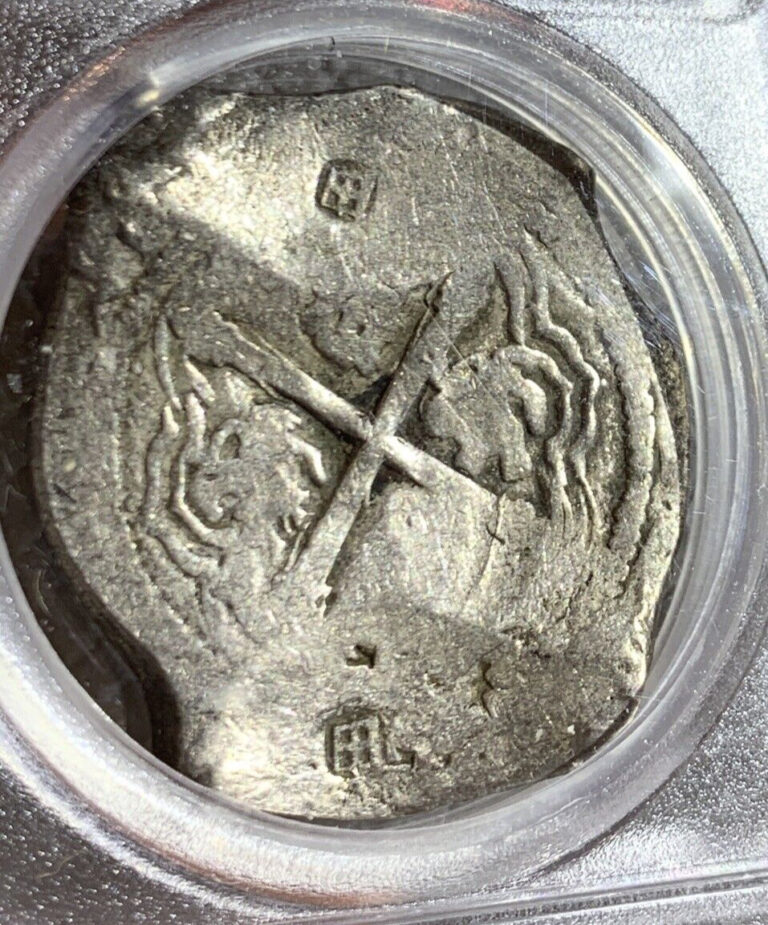 Read more about the article 1634-45 MO P MEXICO COB MONEY PCGS VF  27.67g 8 REALES SILVER COIN.