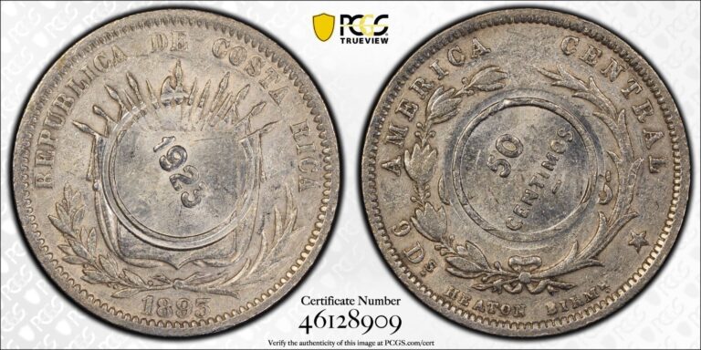 Read more about the article 1923/1893 Costa Rica 50 Centimos Countermark PCGS AU55 UNC Detail C/M       2892
