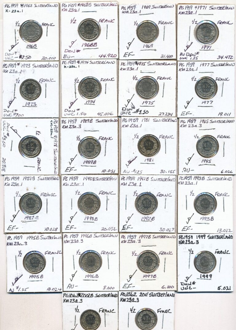 Read more about the article LOT OF 22 ASSORTED SWITZERLAND 1/2 FRANC COINS 1968-2011