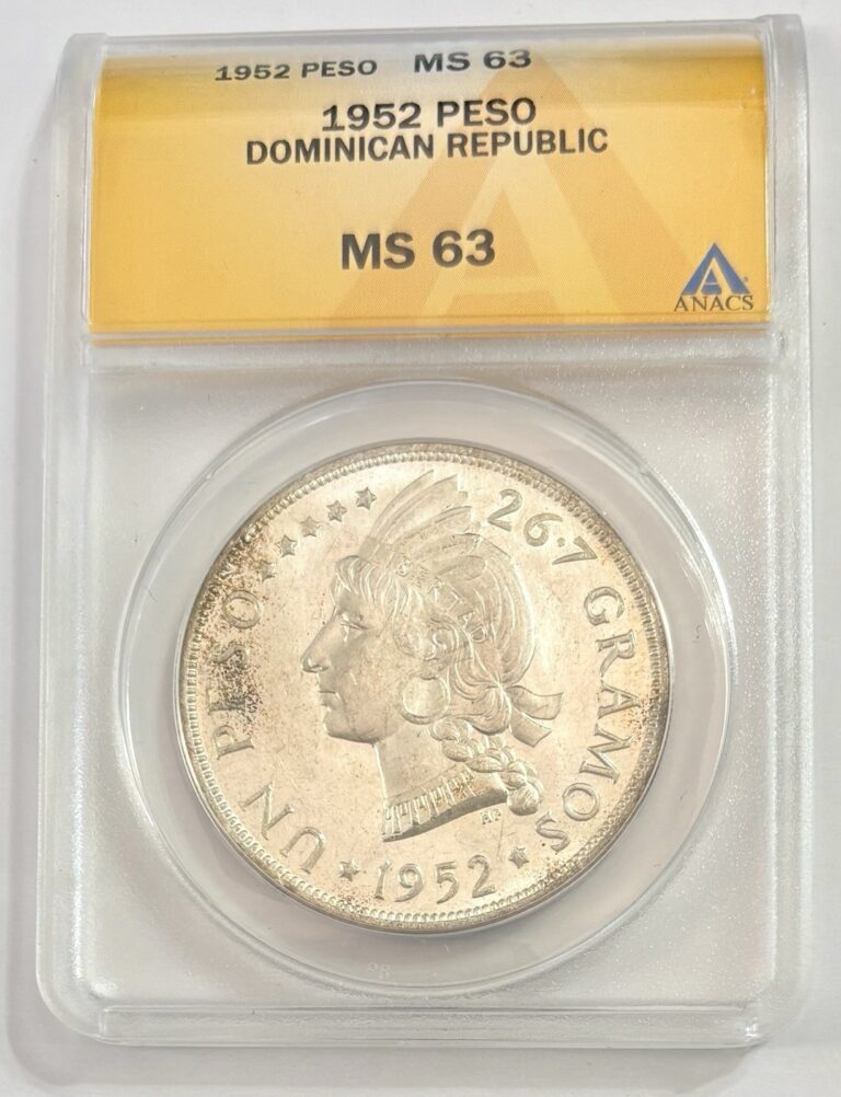 Read more about the article 1952 Dominican Republic Peso Coin ANACS MS 63 Silver