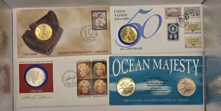 Read more about the article 1993 1995 and 1998 Marshall Islands Commemorative Coins and FDC.Lot Of 4.5pcs Coins.