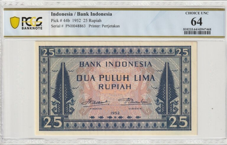 Read more about the article i-002192 Indonesia 25 Rupiah 1952. PCGS 64