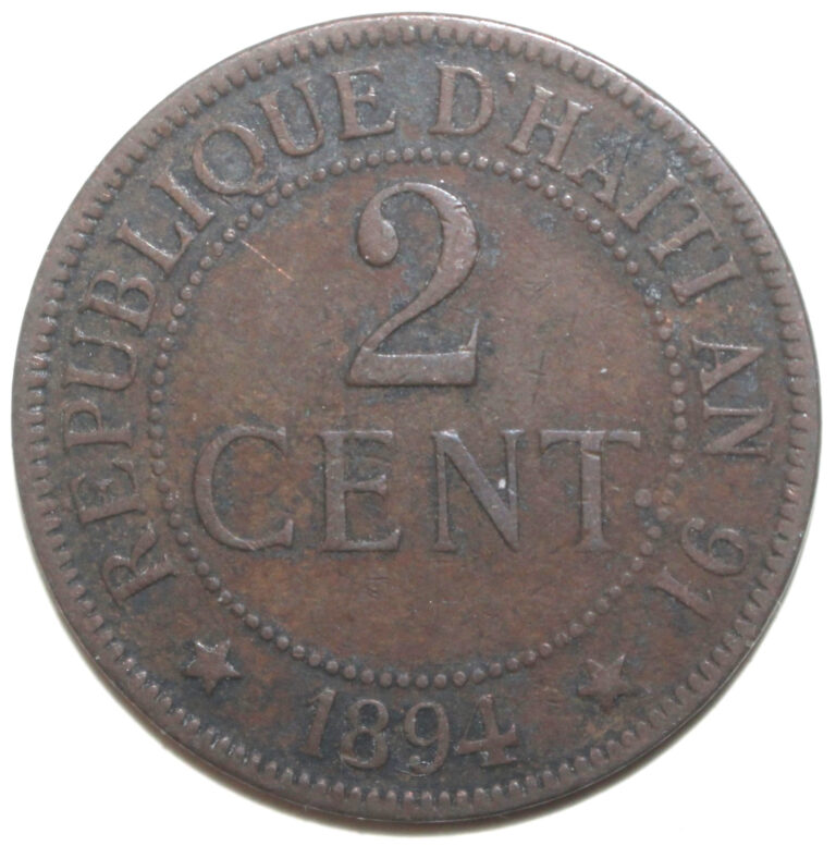 Read more about the article Haitian Republic 2 Centimes Coin 1894 A Paris AN 91 KM# 49 Haiti Two