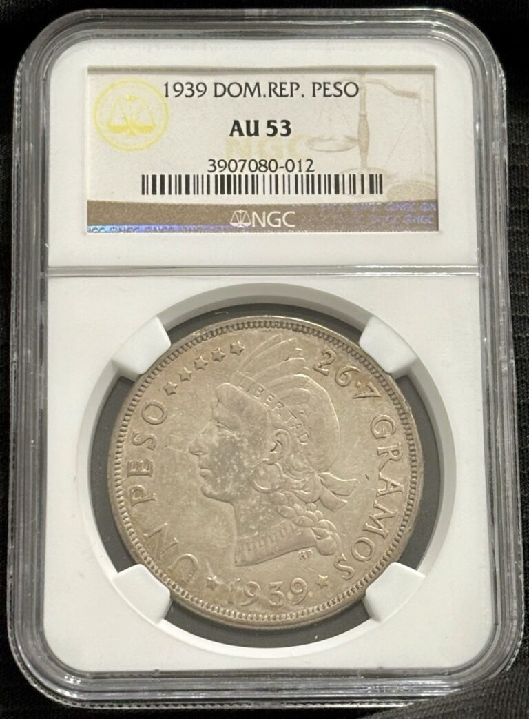 Read more about the article 1939 (P) Dominican Republic 1 Peso NGC AU53 Silver .900 KM#22 15 000 Minted