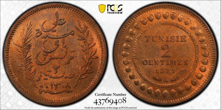 Read more about the article 1891 A  Tunisia 2 Centimes PCGS MS65 RB Top Pop 3/0 Finer RB  Flashy Gem   1563