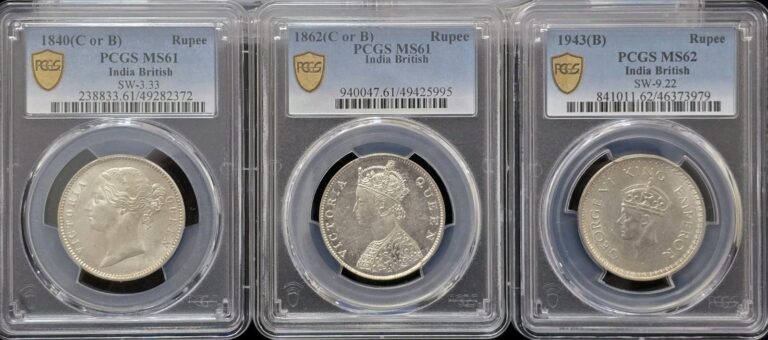 Read more about the article BRITISH INDIA SILVER LOT OF 3 PCGS MS61 and MS62 1840 / 1862 / 1943
