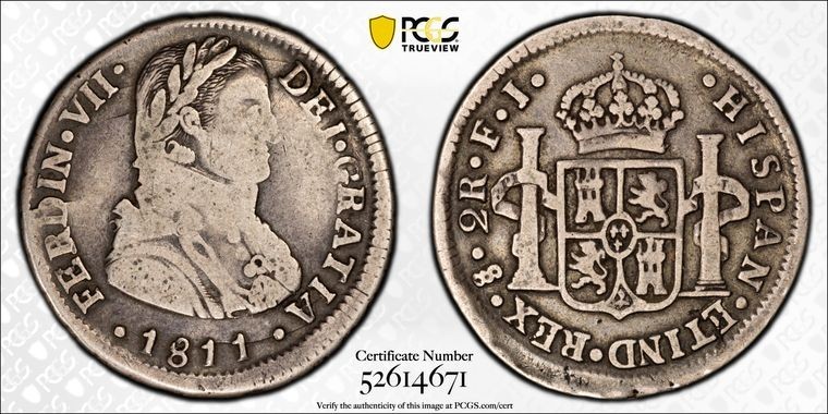 Read more about the article 1811-So FJ Chile 2 Reales PCGS F12 Lot#G710 Silver! Very Scarce! Calico-941