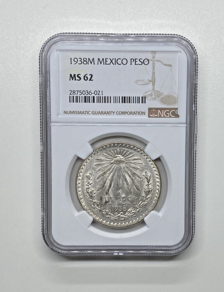 Read more about the article 1938M Mexico 1 Peso Coin – 0.72 Silver Coin NGC Graded MS62