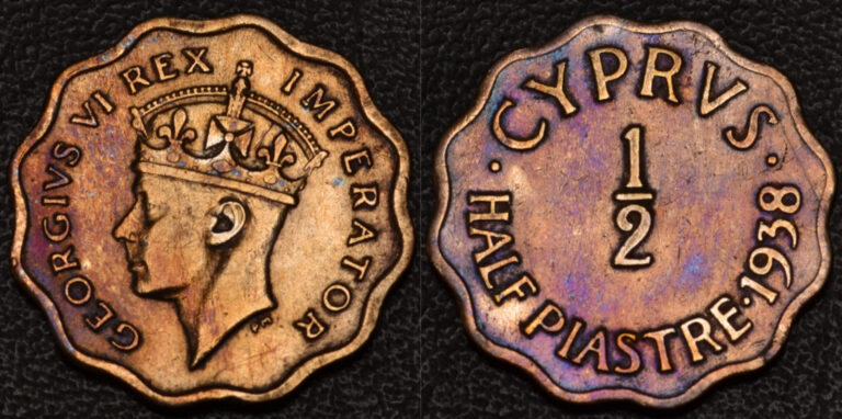 Read more about the article 1938 Cyprus 1/2 Piastre GOLD and BLUE toning (L46-61)