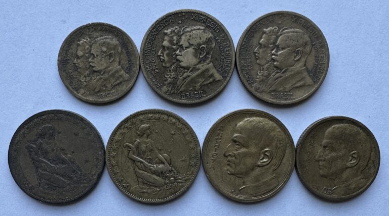 Read more about the article 7PC LOT BRAZIL COINS 1922 500 REIS and (2)1000 REIS (2)1927 1935 and 1936 1000 REIS