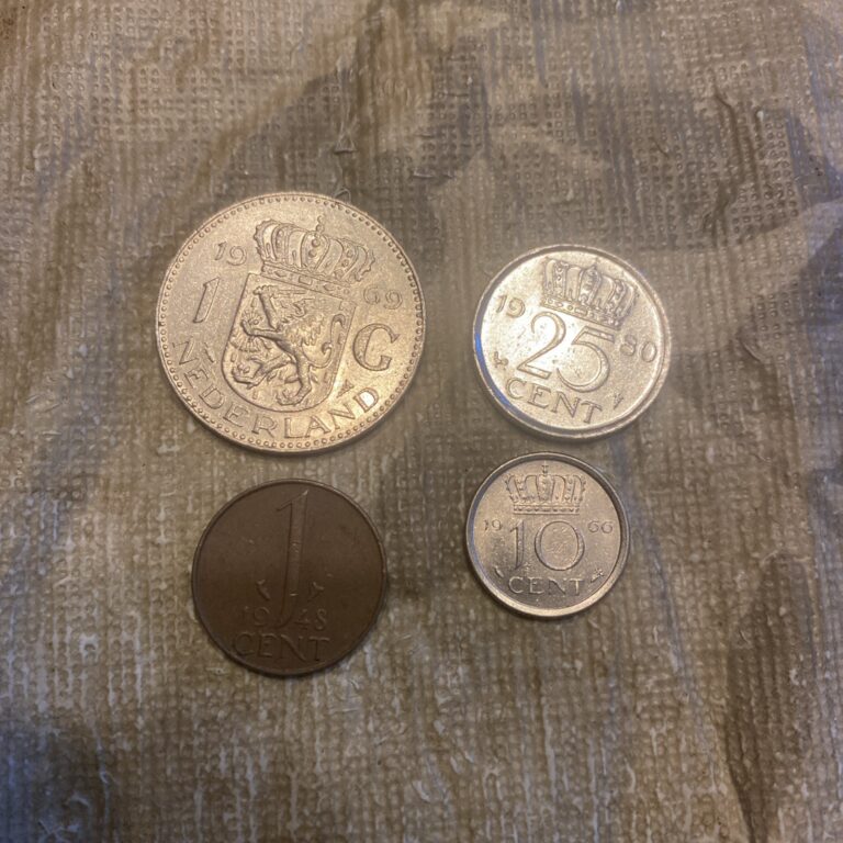 Read more about the article 4 Netherlands   1969 Gulden   1980 25 Cents   1948  1 Cent  1966 10 Cents  Coins