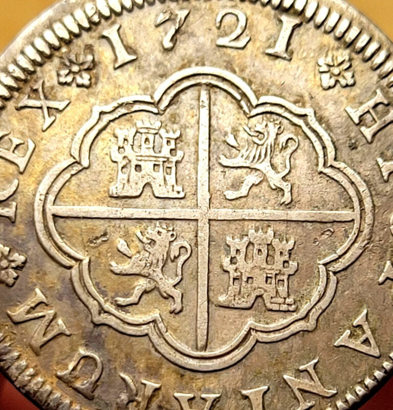 Read more about the article 1721 Spanish Segovia Silver 2 Reales Early American PISTAREEN COIN
