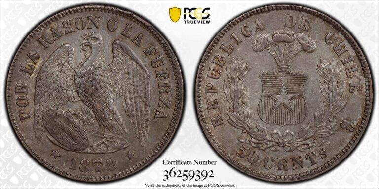 Read more about the article 1872/0 So Chile 50 Fifty Centavos KM# 139  Silver  KM# 139  PCGS AU58 TOP POP