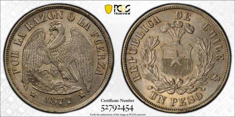 Read more about the article 1877 So Chile 7/7 Silver Peso PCGS MS63