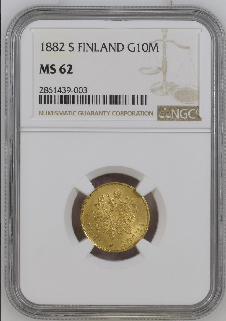 Read more about the article 1882 S Finland 10 Markkaa G(old Coin NGC MS62 UNC