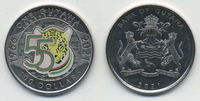 Read more about the article GUYANA 100 Dollars COLOURED COMMEMORATIVE COIN 2021 55 YEARS INDEPENDENCE UNC