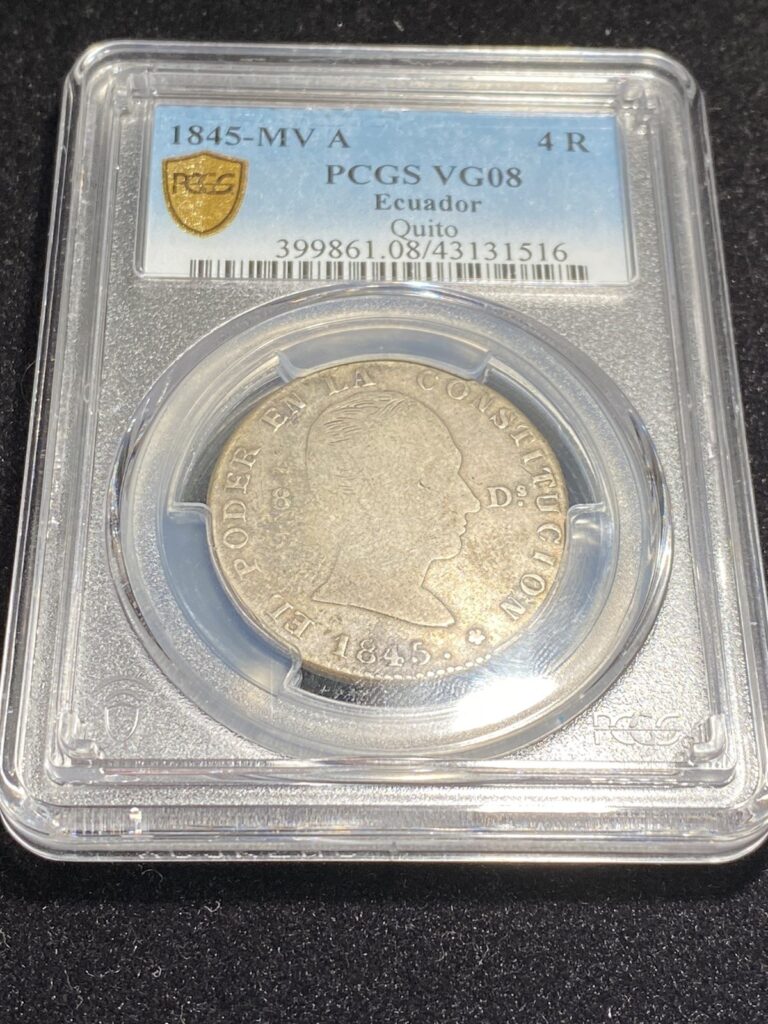 Read more about the article VERY RARE Ecuador 1845 MV A 4 Reales 2-YEAR TYPE. EVEN RARER THAN 1844. KM 29