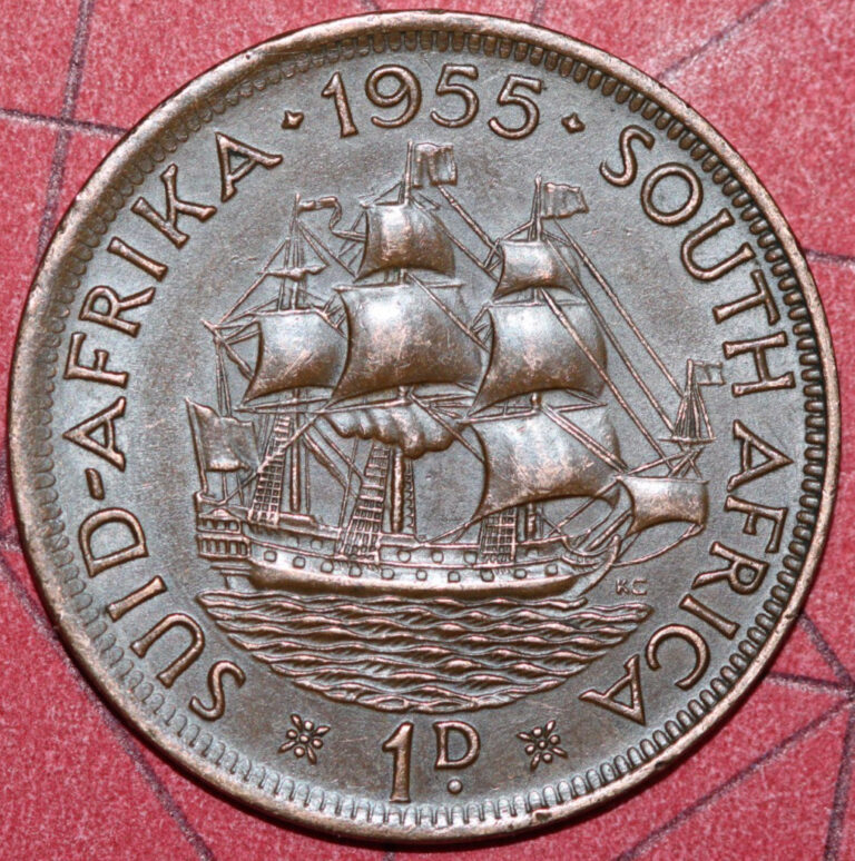 Read more about the article South Africa  1955  Penny  Dromedaris Sailing ship-Foreign Coin 30.8mm
