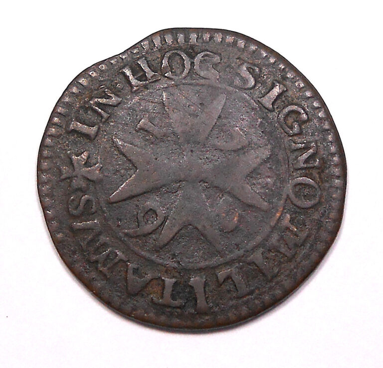 Read more about the article Malta 1726 Grano VG-F ** Nice RARE Arms of Vilhena Maltese Cross KEY Copper Coin