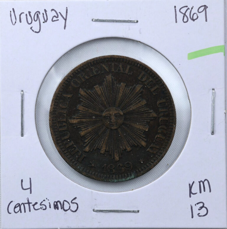 Read more about the article 1869 Uruguay 4 Centesimos Bronze 20g Coin KM 13
