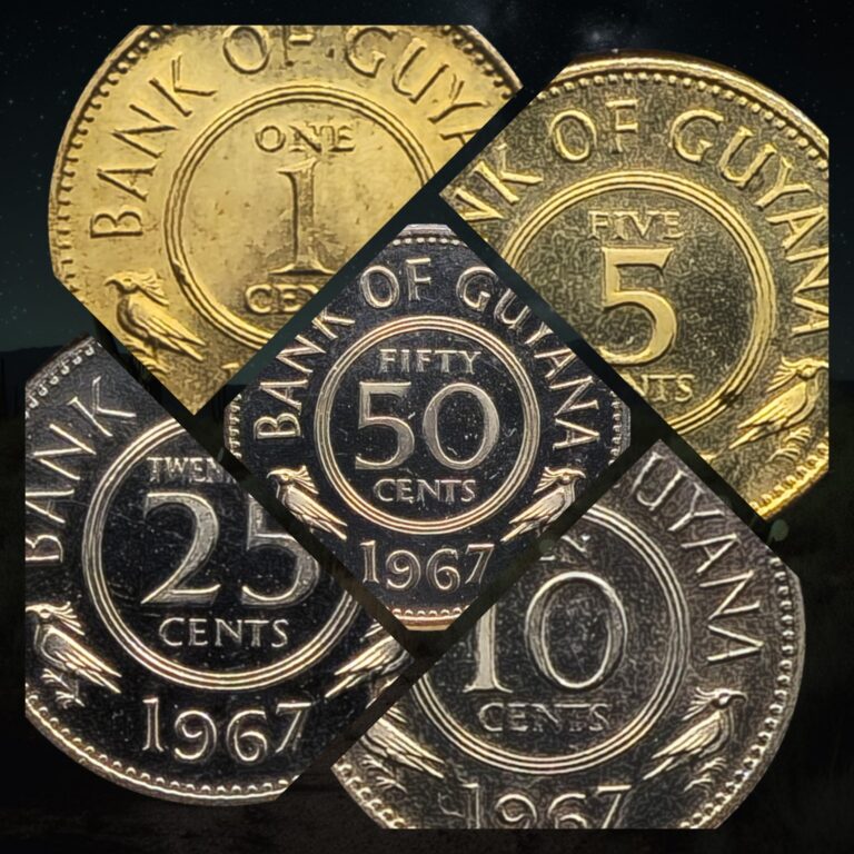 Read more about the article Lot of 4 – 1967 Guyana Proof Coins (5  10  25 and 50 Cents) and 1977 Guyana 1 Cent
