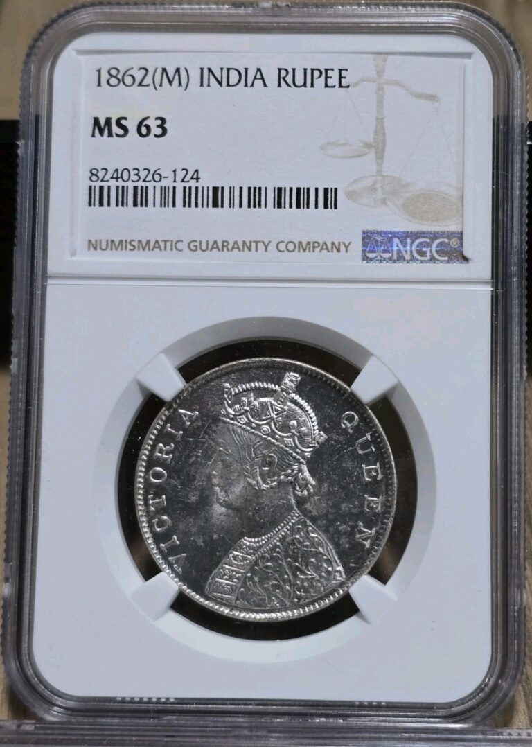 Read more about the article 1862 M INDIA SILVER RUPEE MADRAS MINT NGC MS63