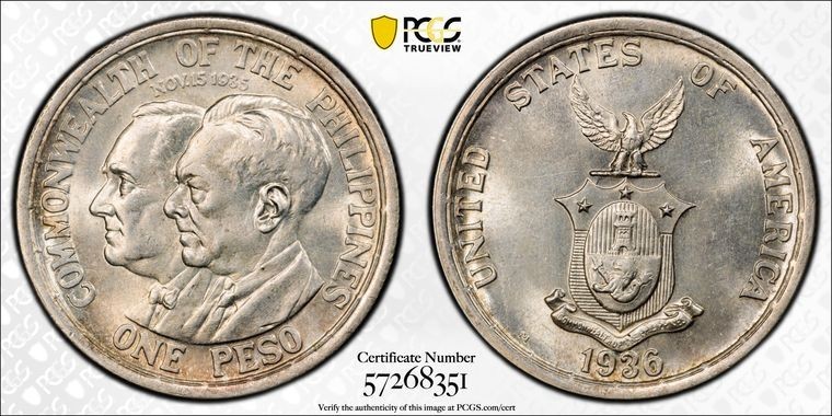 Read more about the article 1936-M U.S. Philippines Roosevelt-Quezon 1 Peso PCGS MS64 Lot#G771 Silver!